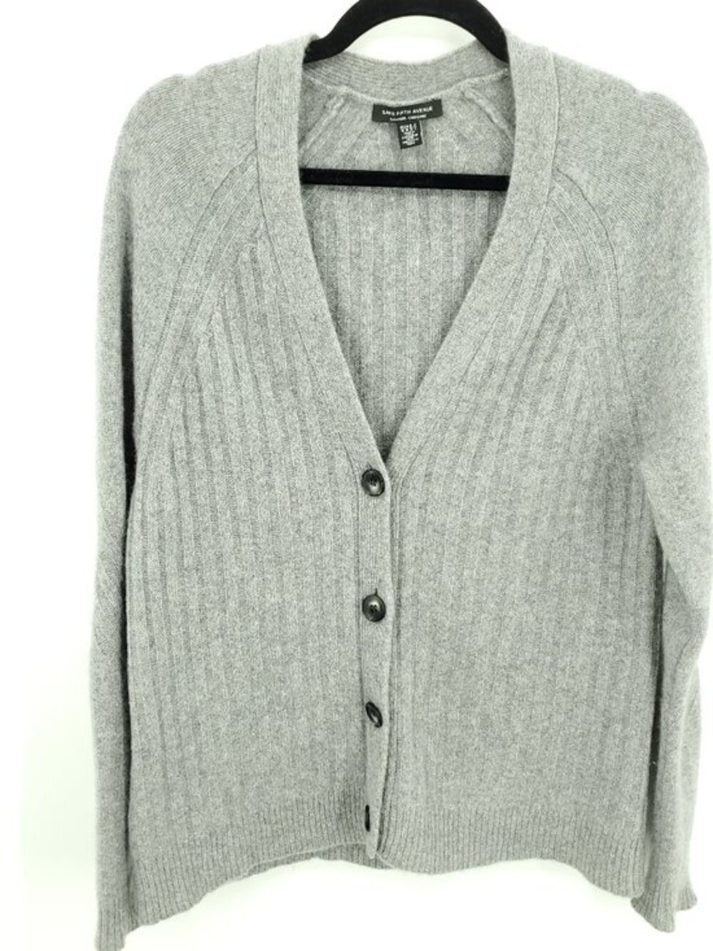 Saks Fifth Avenue 100% Cashmere Ribbed Button Cardigan Sweater M Gray